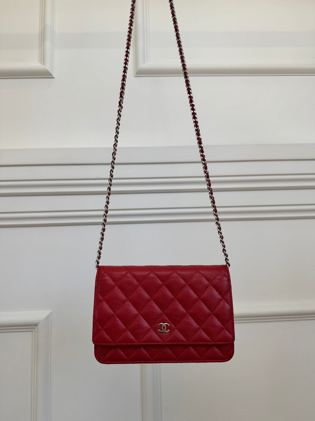 Chanel Grained Leather Woc Red With Silver Hardware