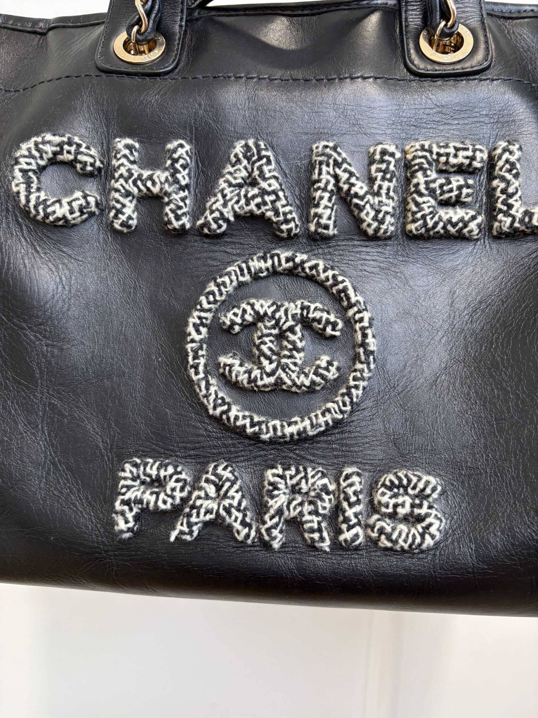 Chanel Black Leather Deauville with Tweed Logo and Lining