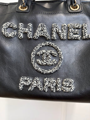 Chanel Black Leather Deauville with Tweed Logo and Lining