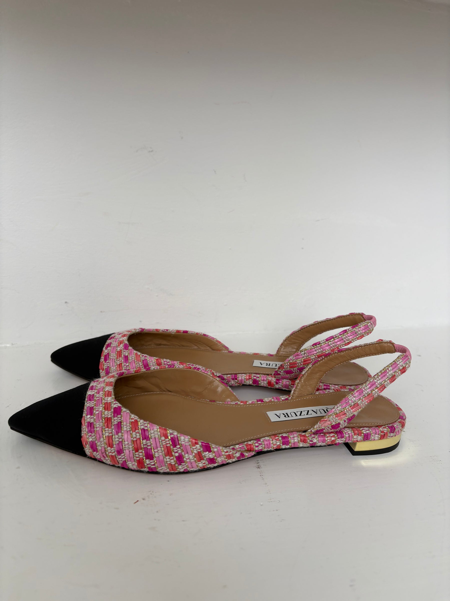 Aquazzura Pink Tweed Slingback Flats with Black Toe Cap, 36.5