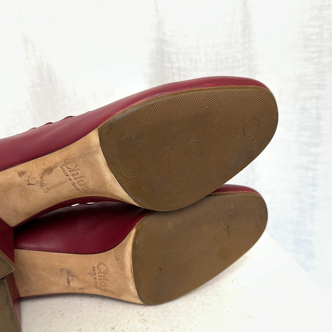 Chloe Burgundy Leather Scalloped Detail Block Heel, 36.5