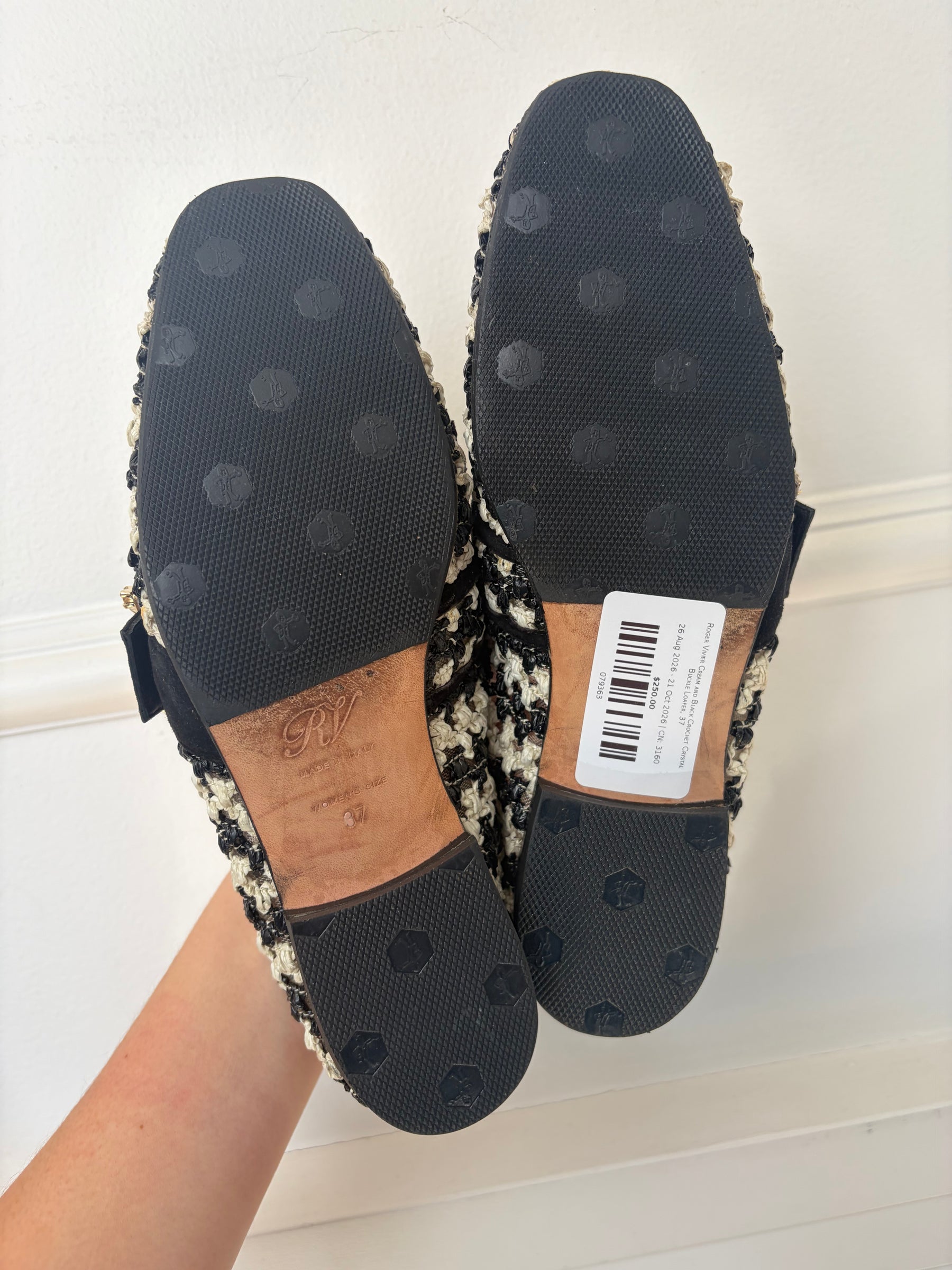 Roger Vivier Cream and Black Crochet Crystal Buckle Loafer, 37