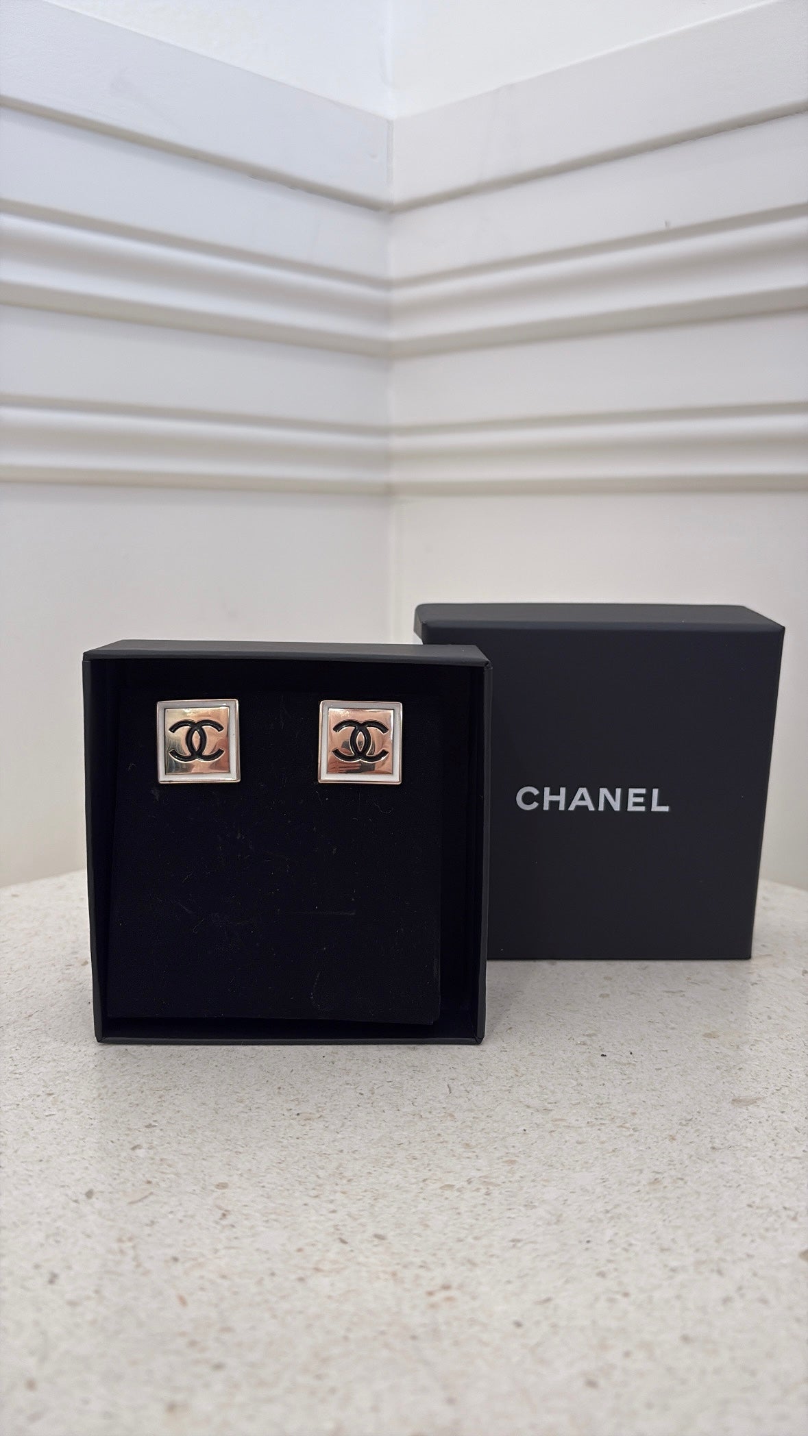 Chanel Square Loco Earrings Gold Tone