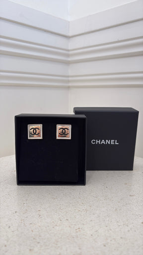 Chanel Square Loco Earrings Gold Tone