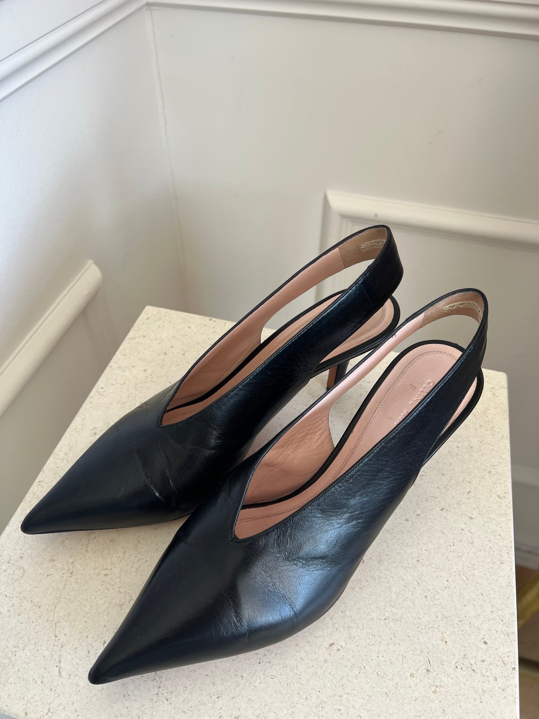 Celine Black Leather Pointed Slingback Pumps, 39