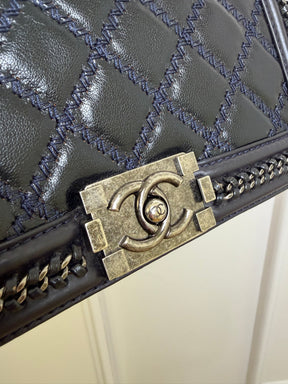 Chanel Navy Glossed Quilted Leather with Top Handle Old Medium Boy Bag