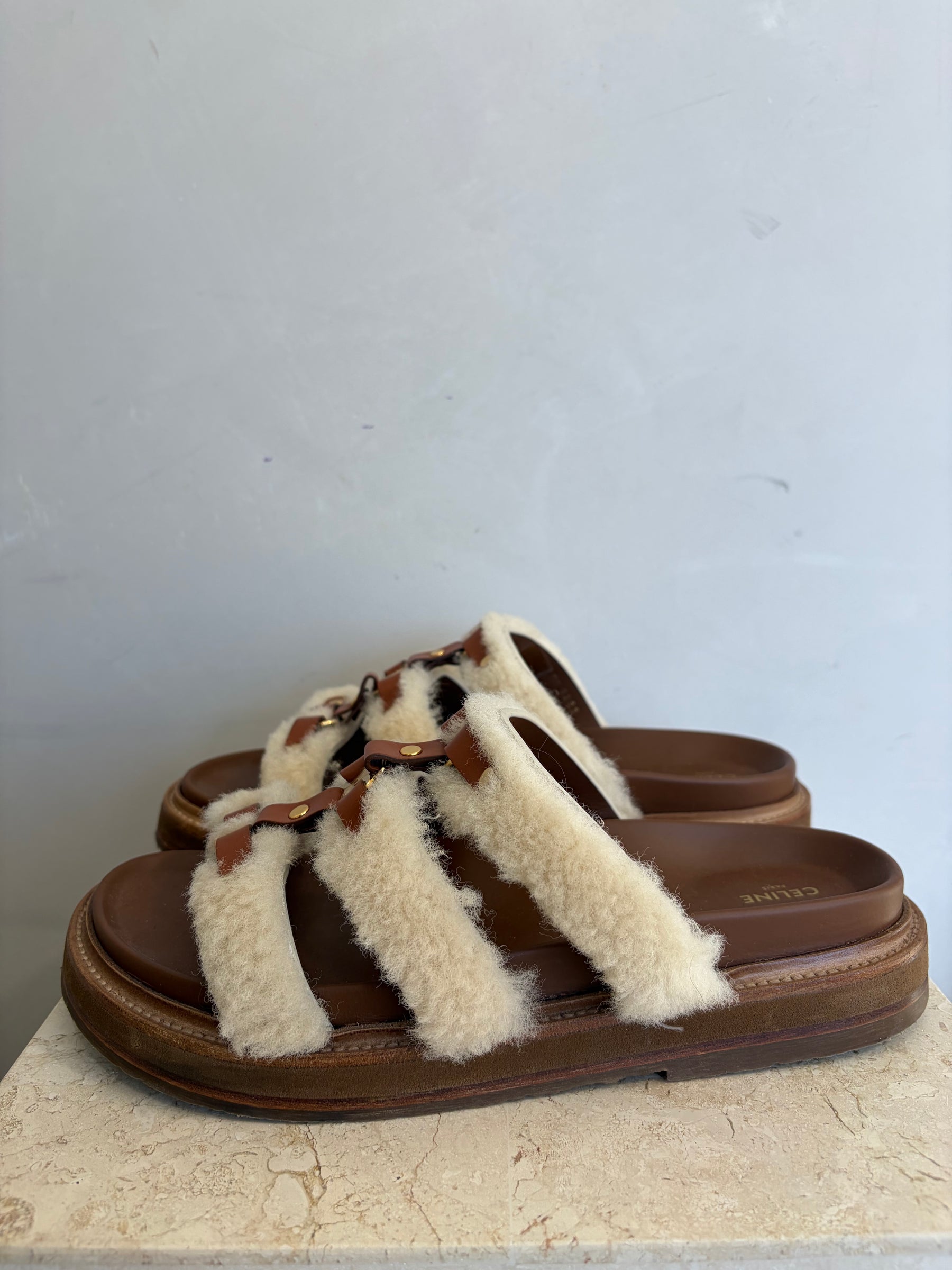Celine Tan Leather and Cream Shearling Tippi Triomphe Slides, 40