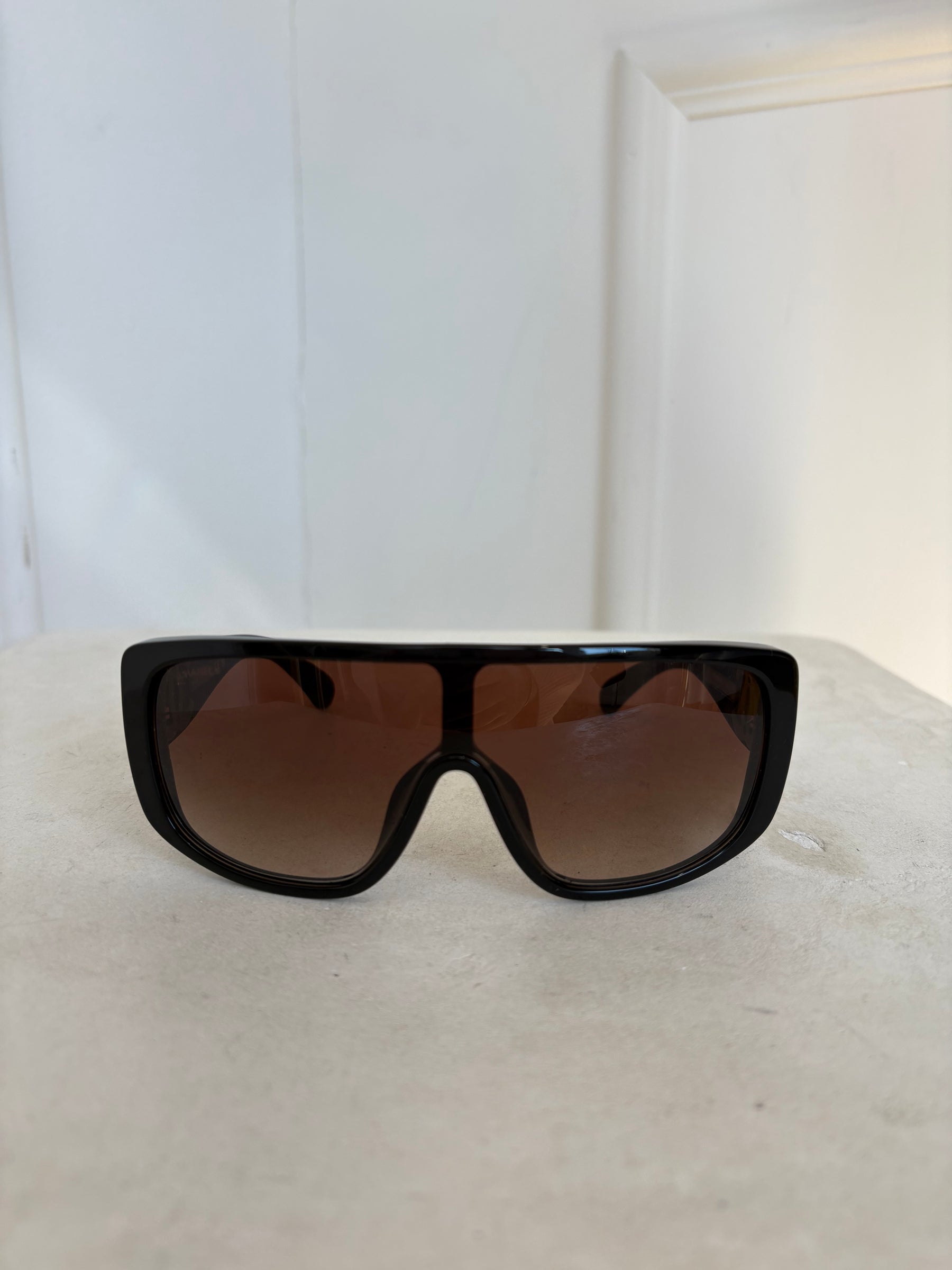 Chanel Black Ski Shield Logo Sunglasses