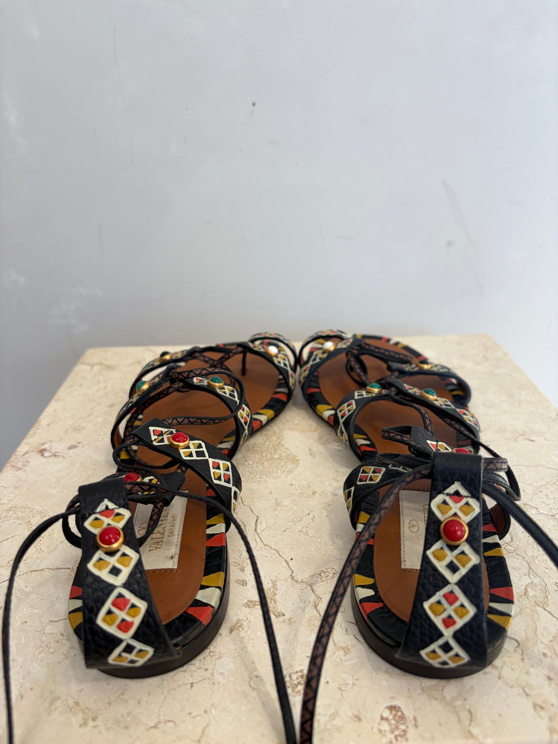 Valentino Garavani Black Yellow and Red Studded Strappy Sandals, 38