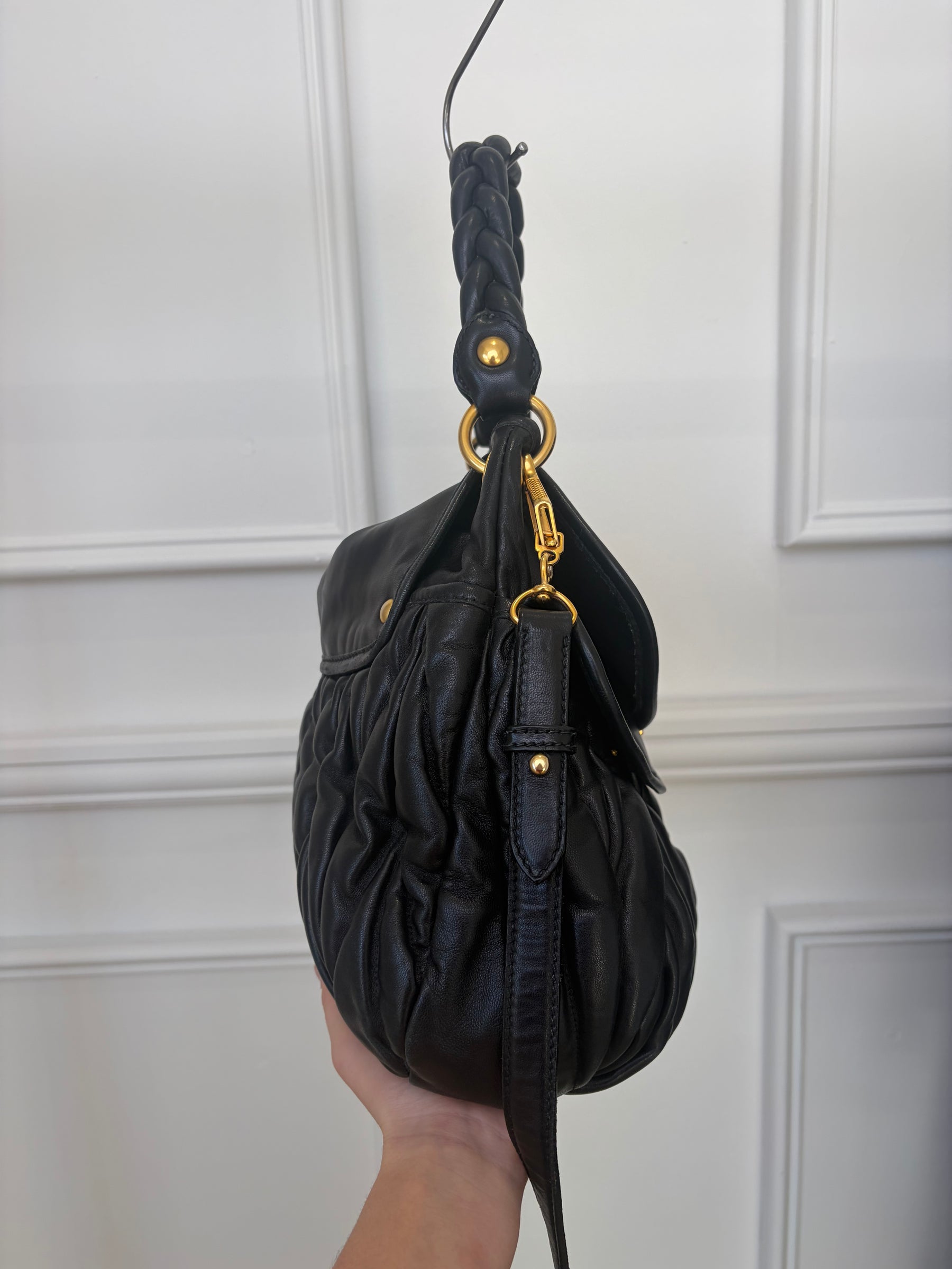 Miu Miu Black Leather Matelasse Coffer Hobo Bag