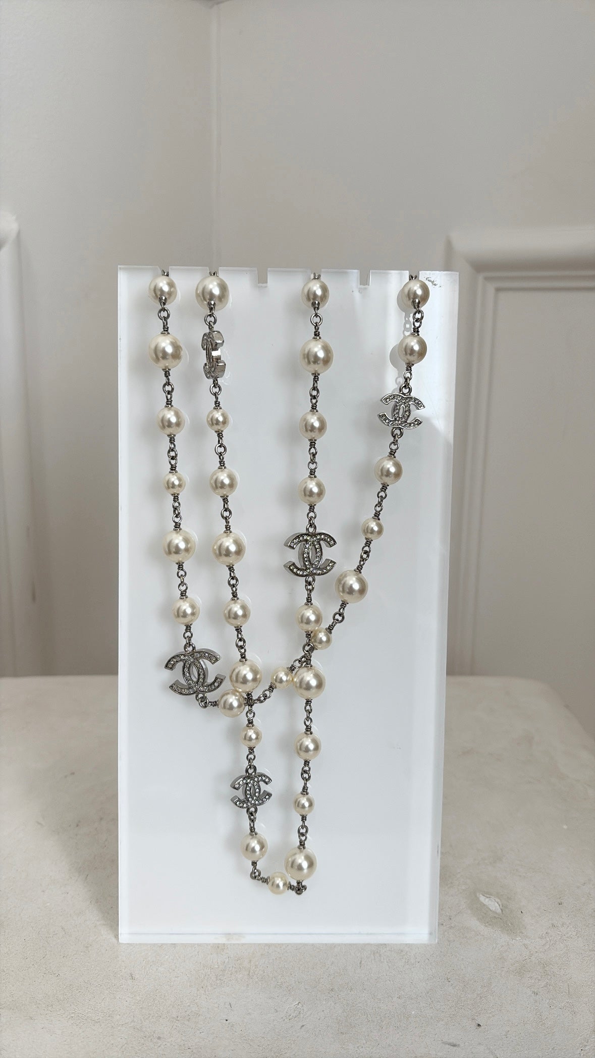 Chanel Silver Tone Pearl and Diamonte Logo Necklace