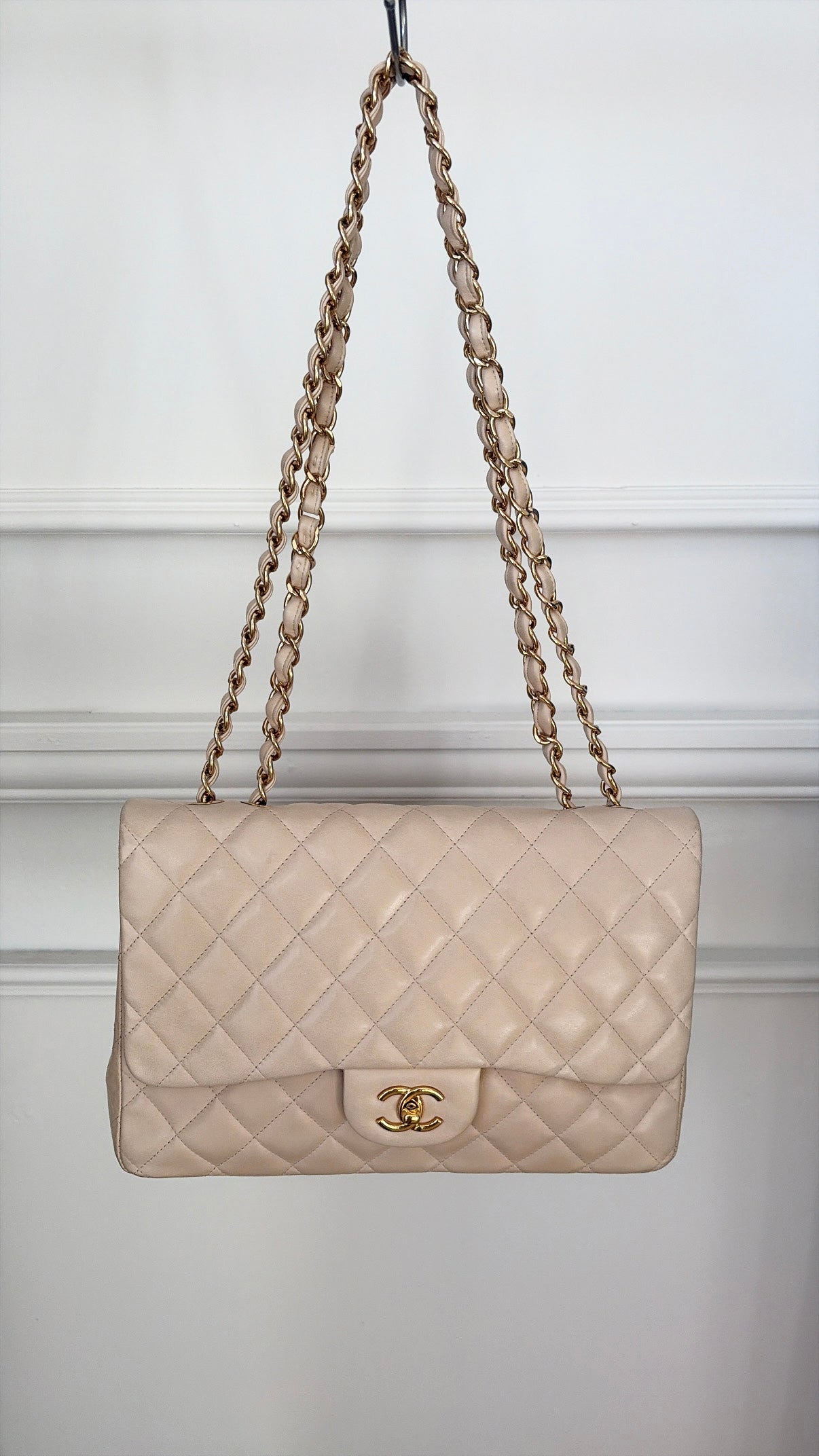Chanel Beige Lambskin Leather Jumbo Single Flap