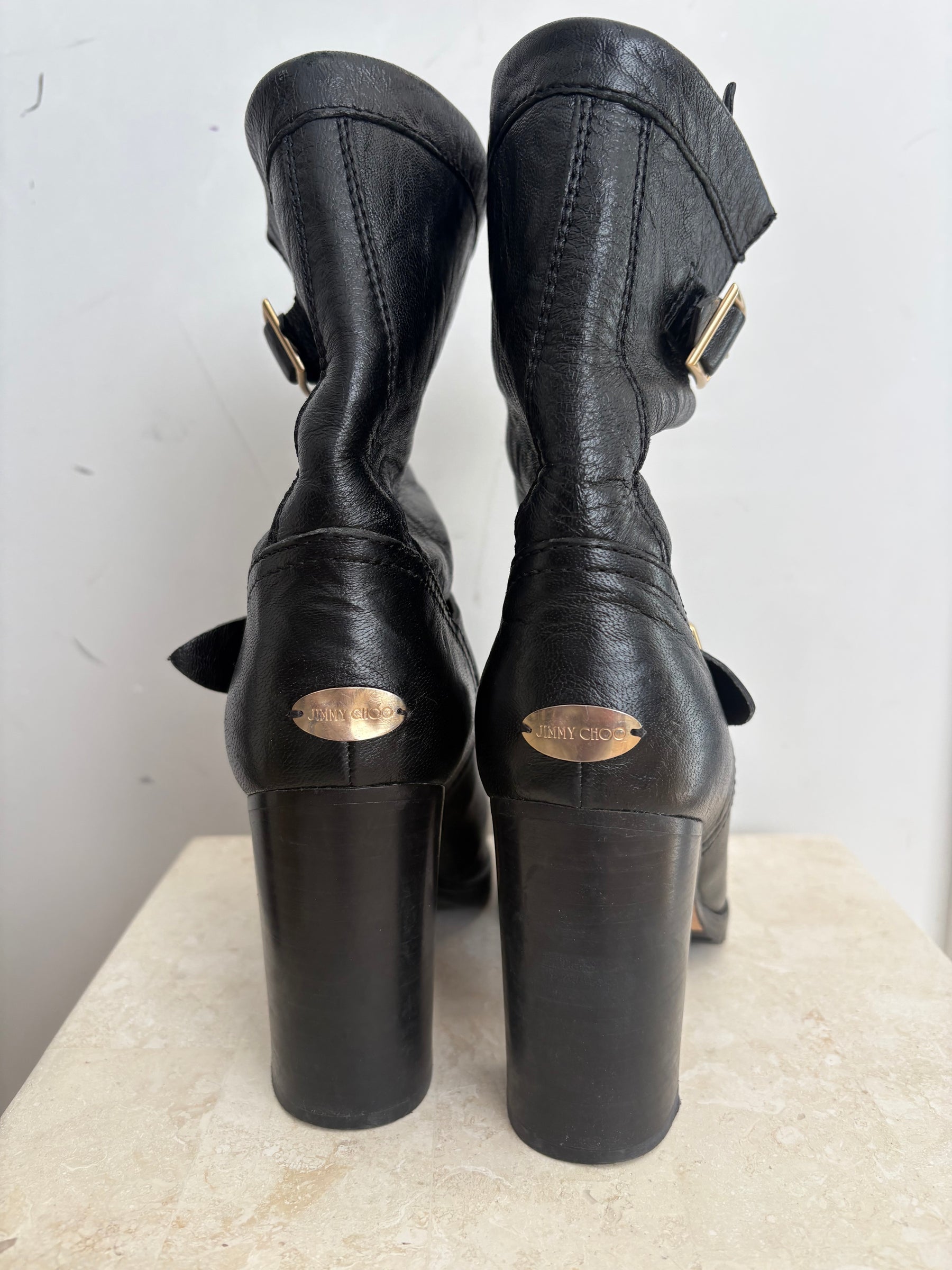 Jimmy Choo Black Leather Heeled Buckle Boots, 38.5