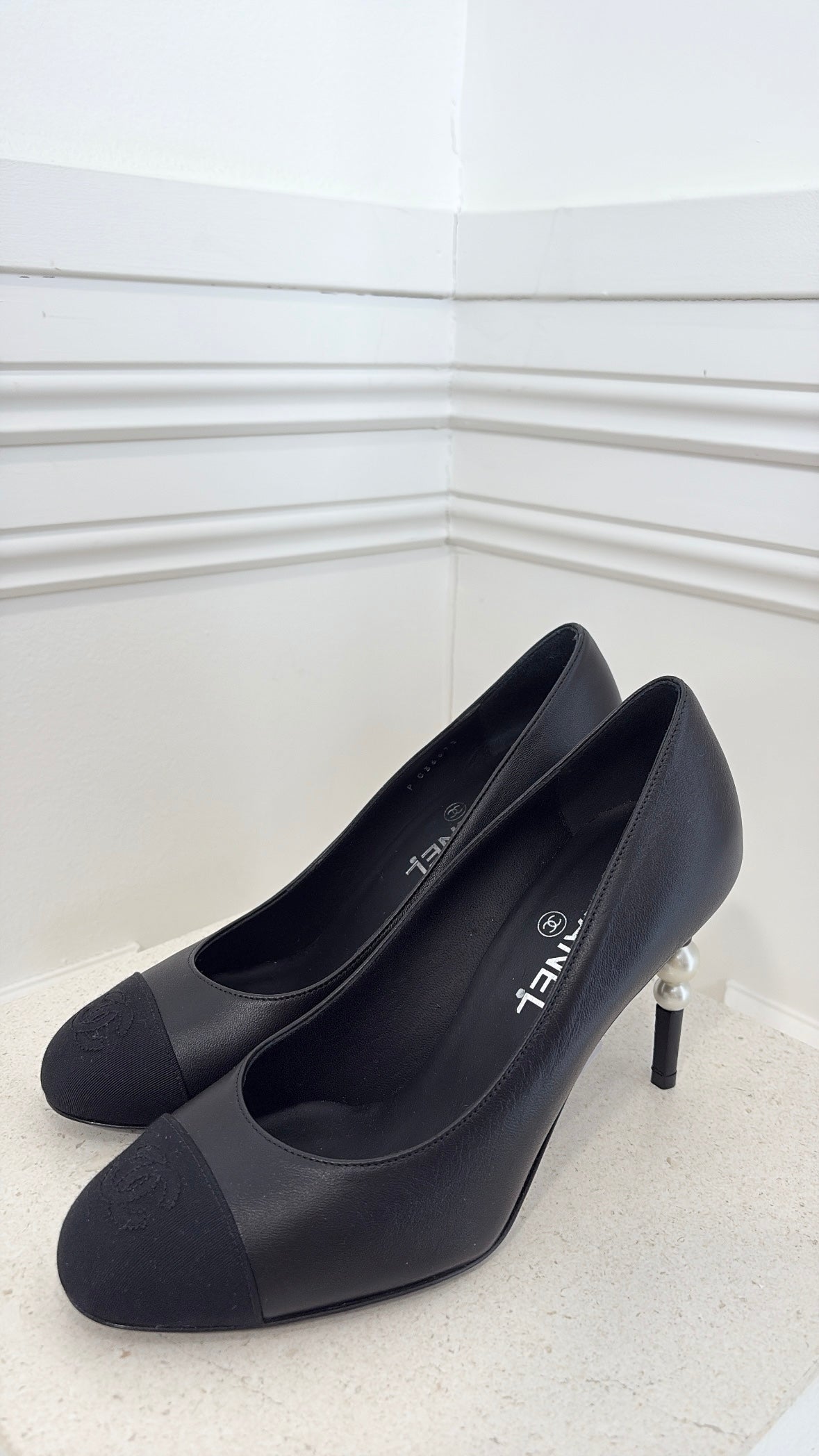 Chanel Black Leather Pearl Heel Pump, 38.5 C