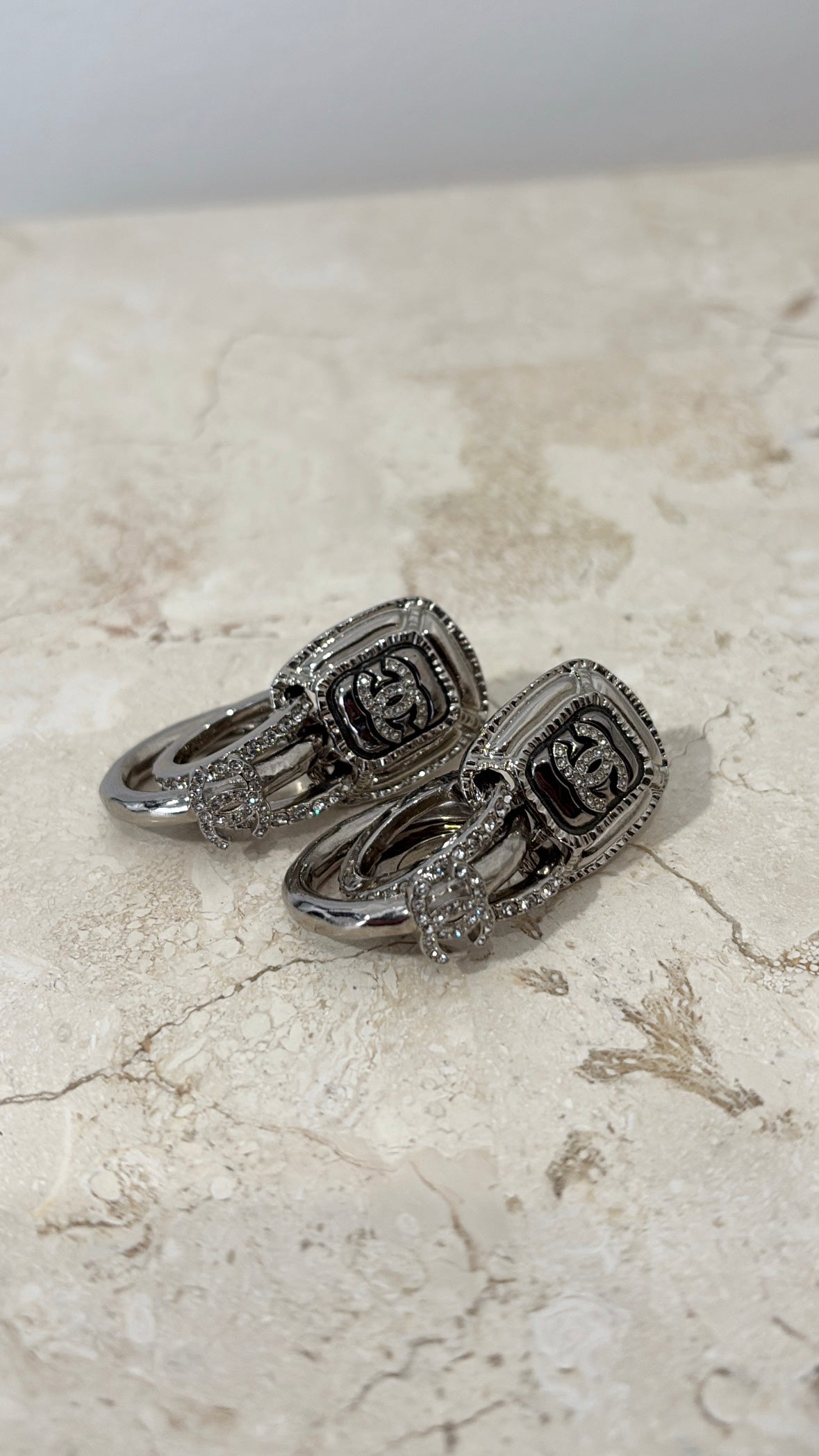 Chanel Silver and Crystal Logo Drop Earrings