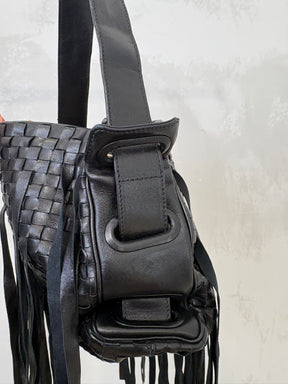 Bottega Veneta Black Intrecciato Fringed Leather Shoulder Bag
