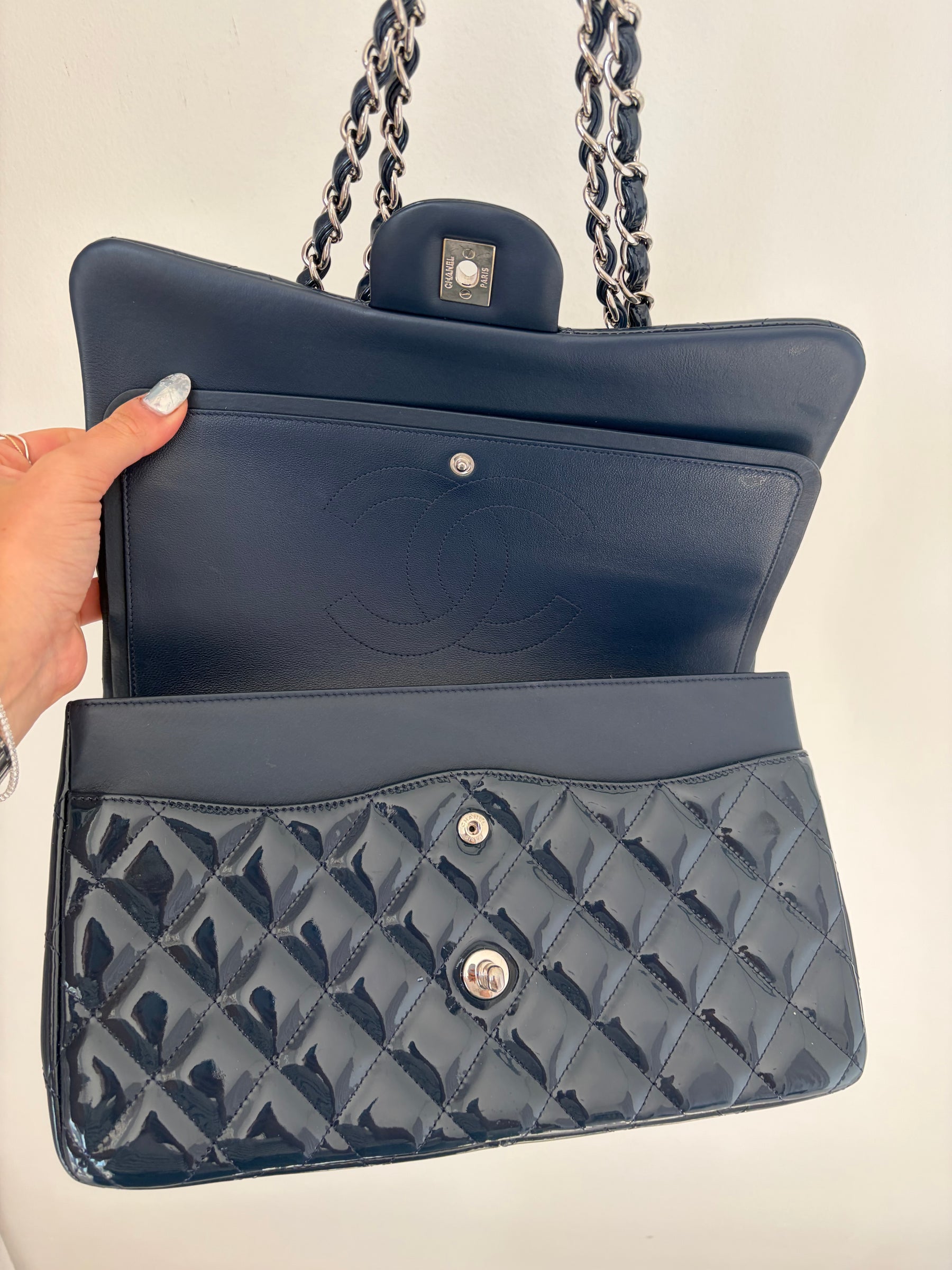 Chanel Navy Blue Patent Leather Jumbo Flap Bag