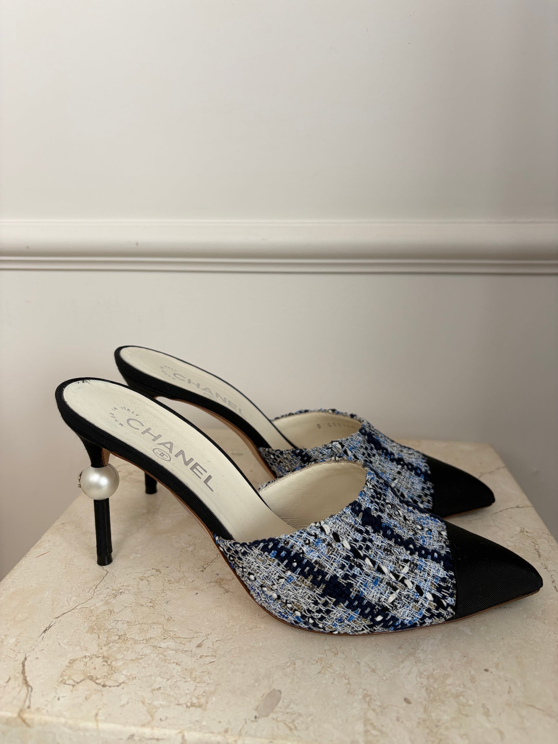 Chanel Navy and White Tweed Pearl Heeled Pointed Mules, 39 C