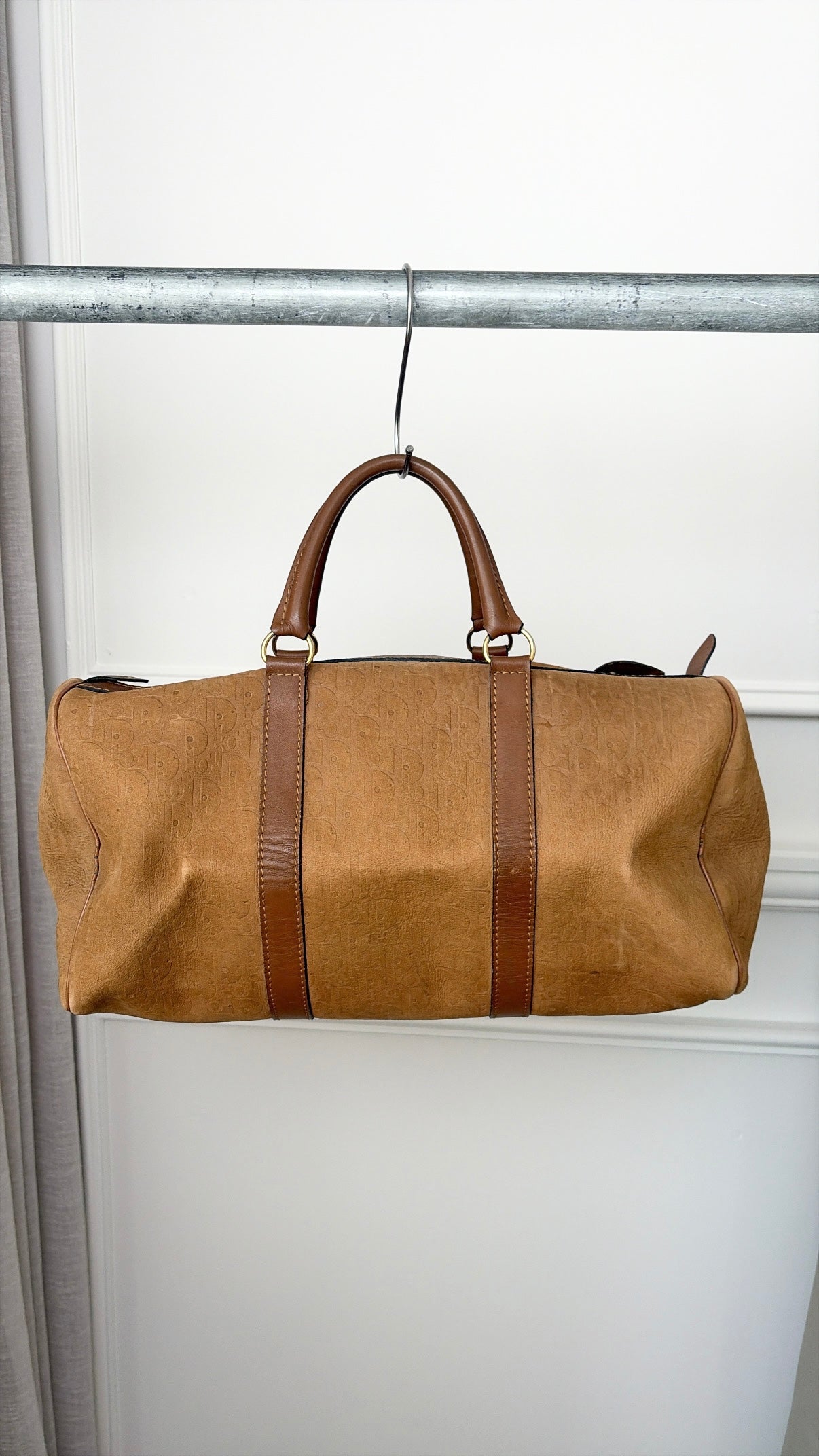 Dior Tan Nubuck Oblique Monogram Embossed Boston Bag