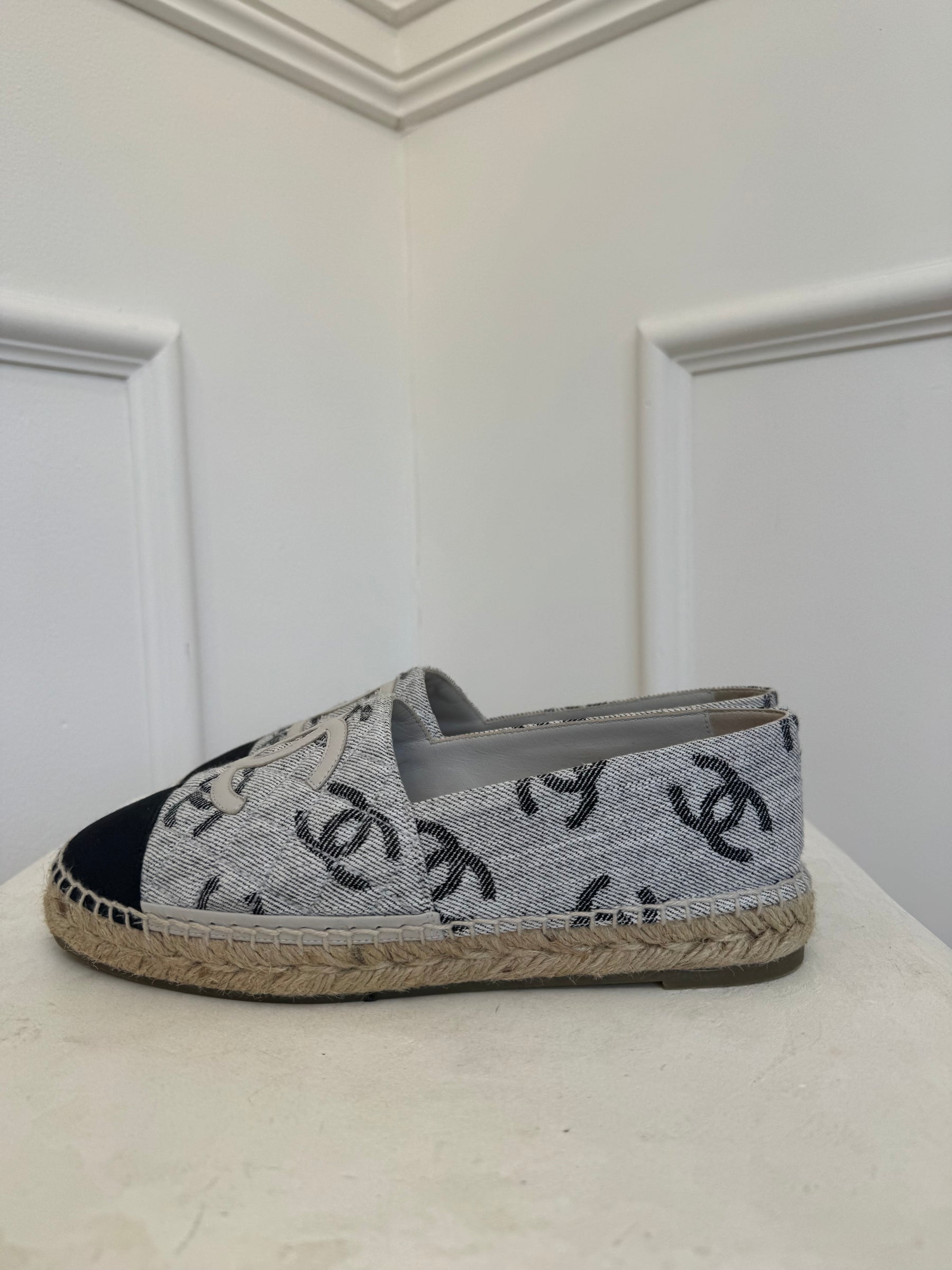 Chanel Grey and Black Canvas Logo Espadrilles, 40