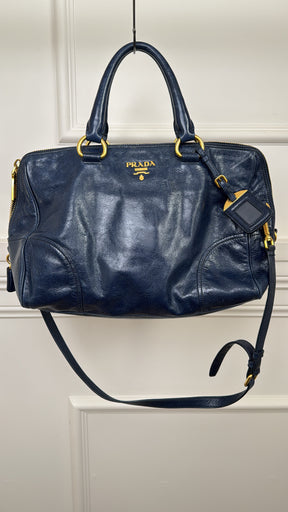 Prada Blue Crinkled Leather Zipped Tote Bag