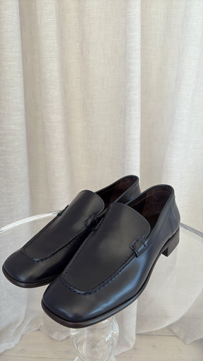 The Row Navy Leather "Mensy" Loafers, 40