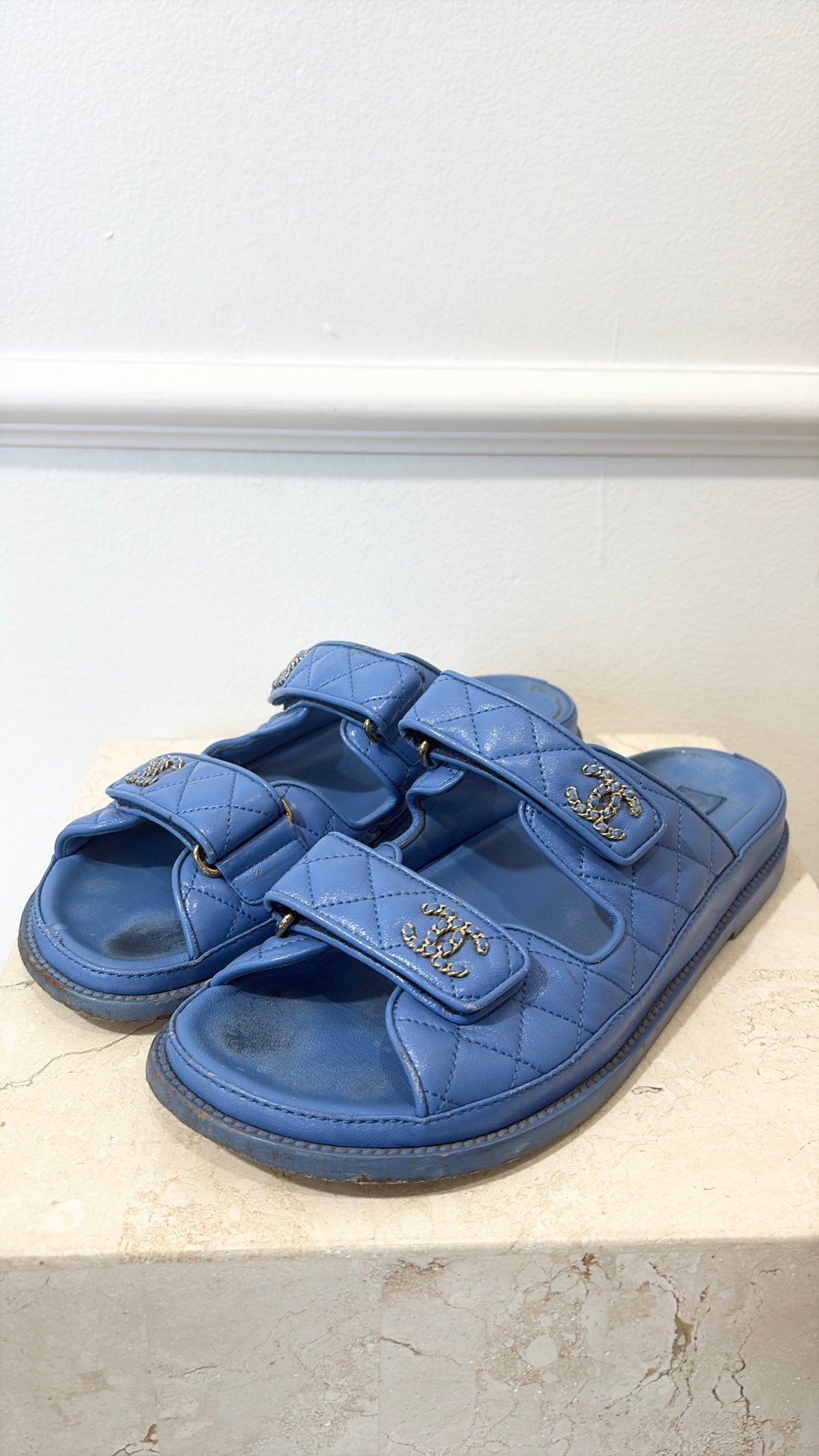 Chanel Sky Blue Quilted Leather Backless Dad Sandals, 39C