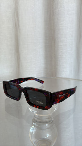 Prada Red and Black Marbled Acetate Rectangular Sunglasses