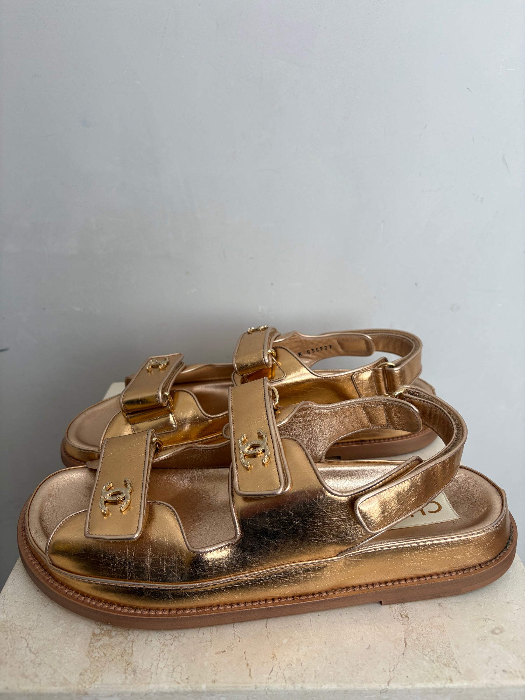 Chanel Rose Gold Leather Dad Sandals, 41.5C