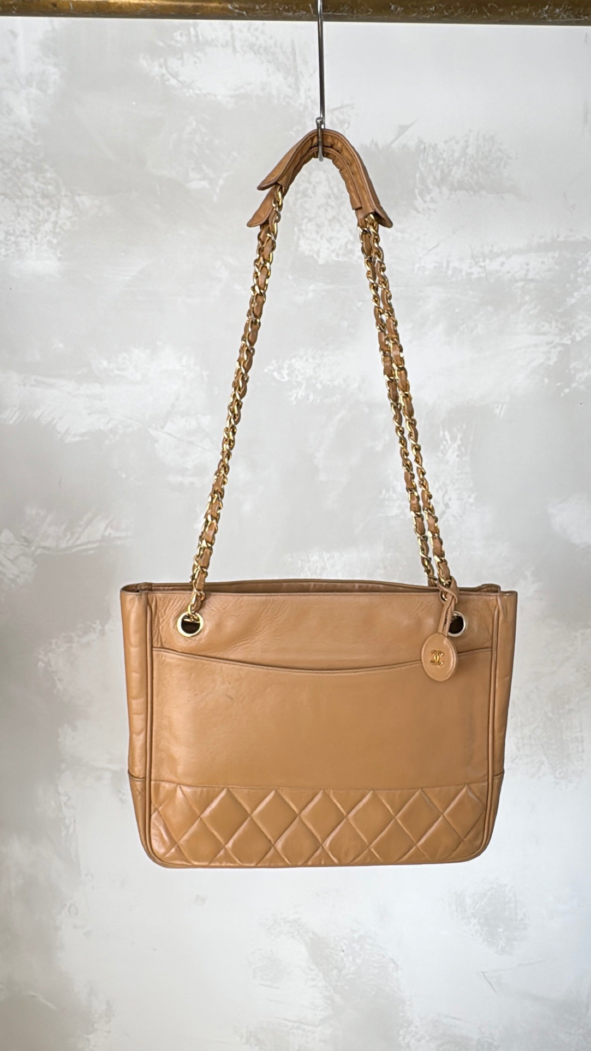 Chanel Beige Leather Quilted Base Tote