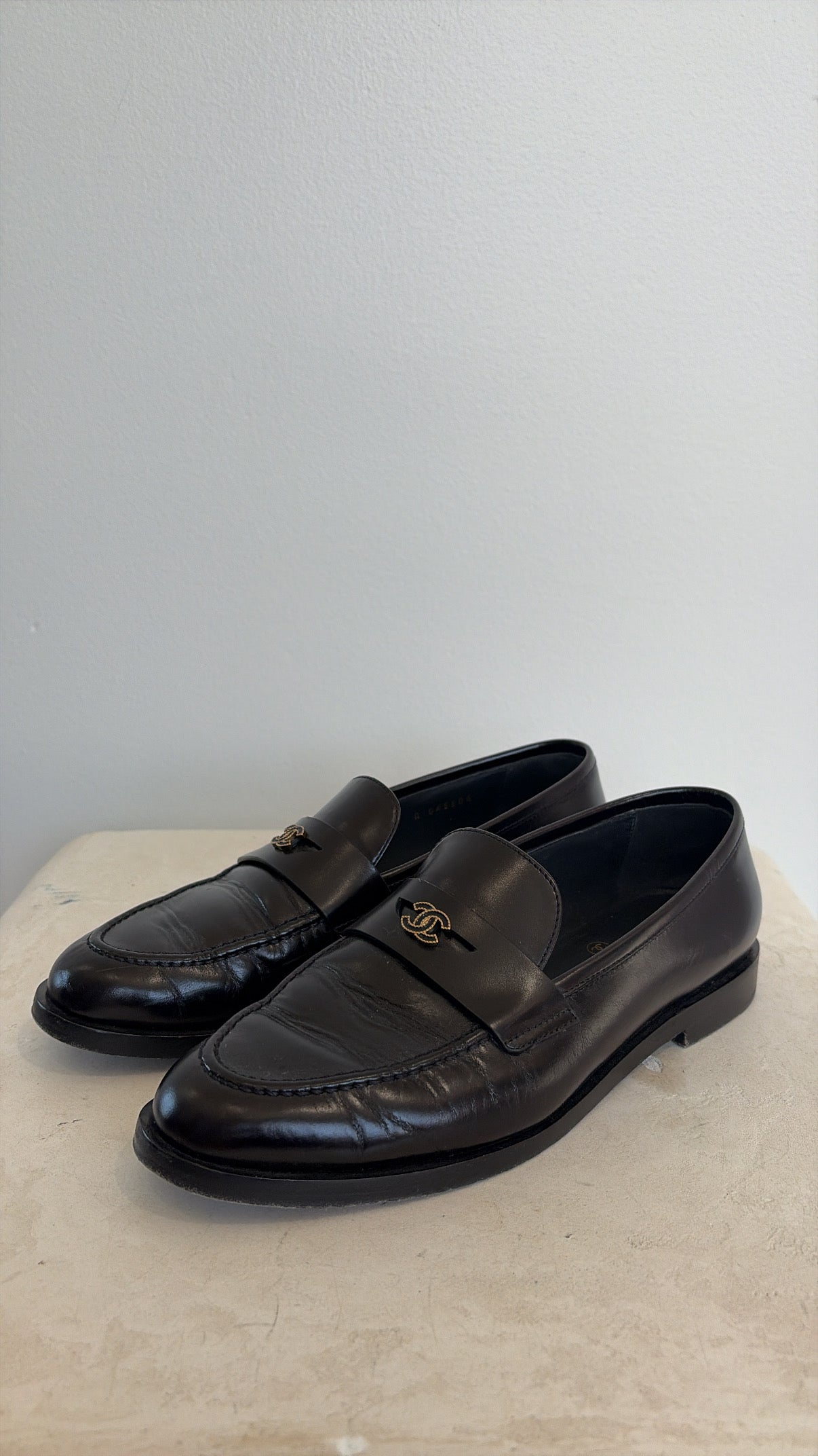 Chanel CC Black Leather Loafers, 38