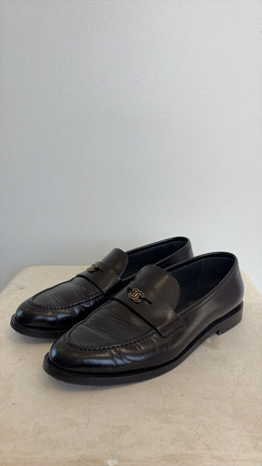 Chanel CC Black Leather Loafers, 38