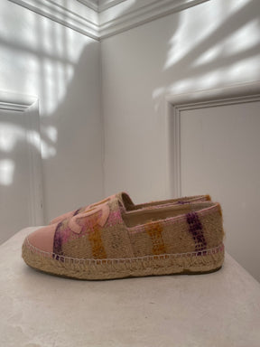 Chanel Beige and Pink Check Wool Logo Espadrille, 41