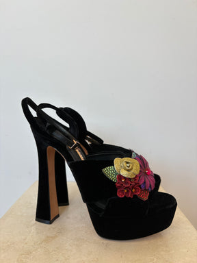 Sophia Webster Black Suede Floral Embellished Platform Peep Tie Pumps, 40