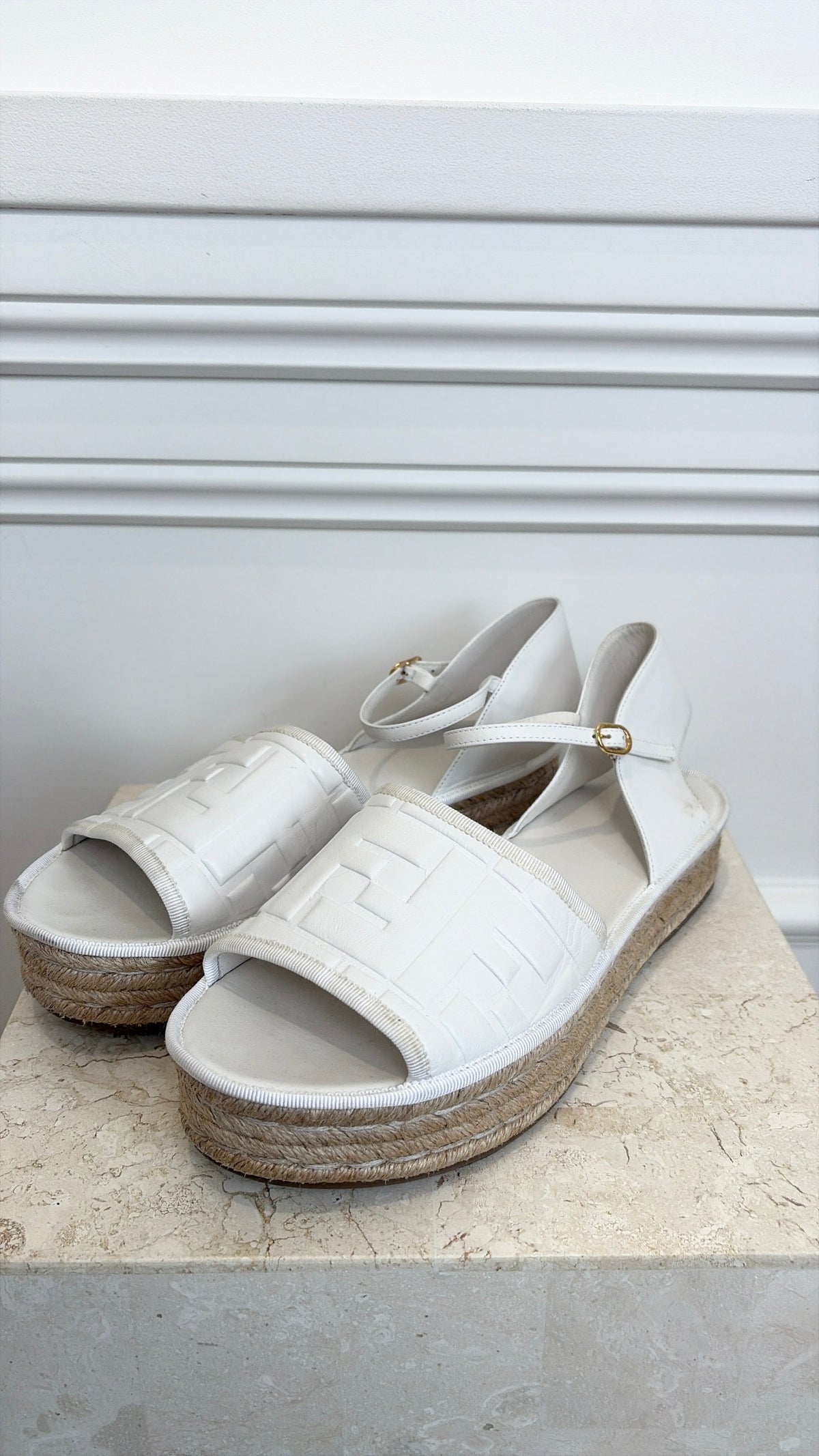 Fendi White Leather Logo Embossed Espadrille Sandal, 42