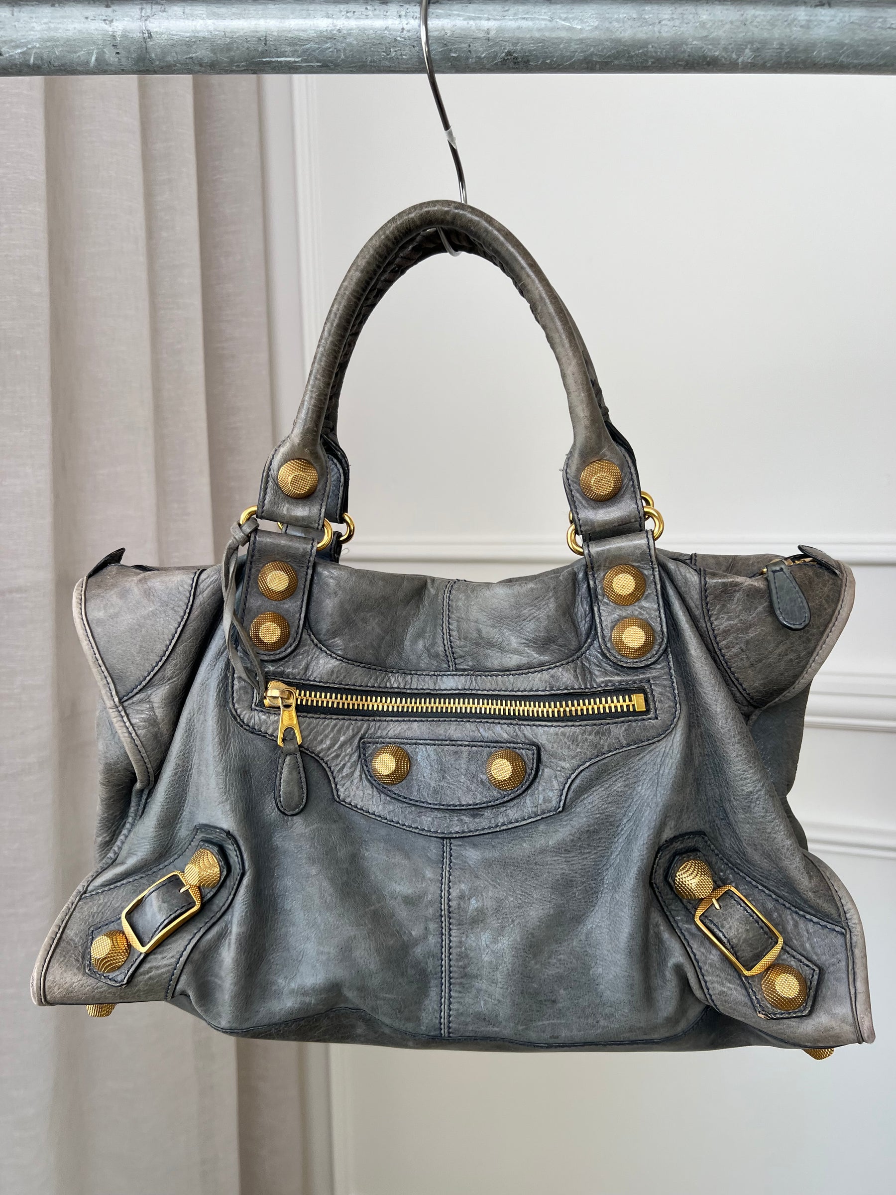 Balenciaga Grey Distressed City Bag Gold Tone Hardware