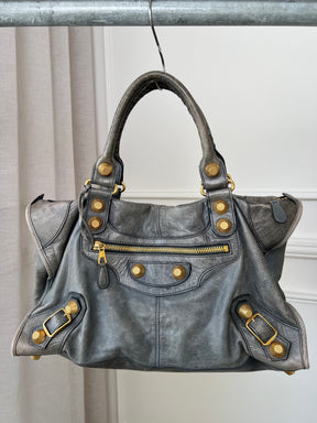 Balenciaga Grey Distressed City Bag Gold Tone Hardware