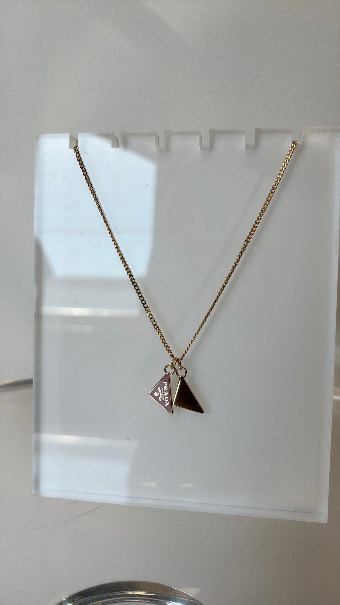 Prada Gold Tone Pink Triangle Logo Necklace
