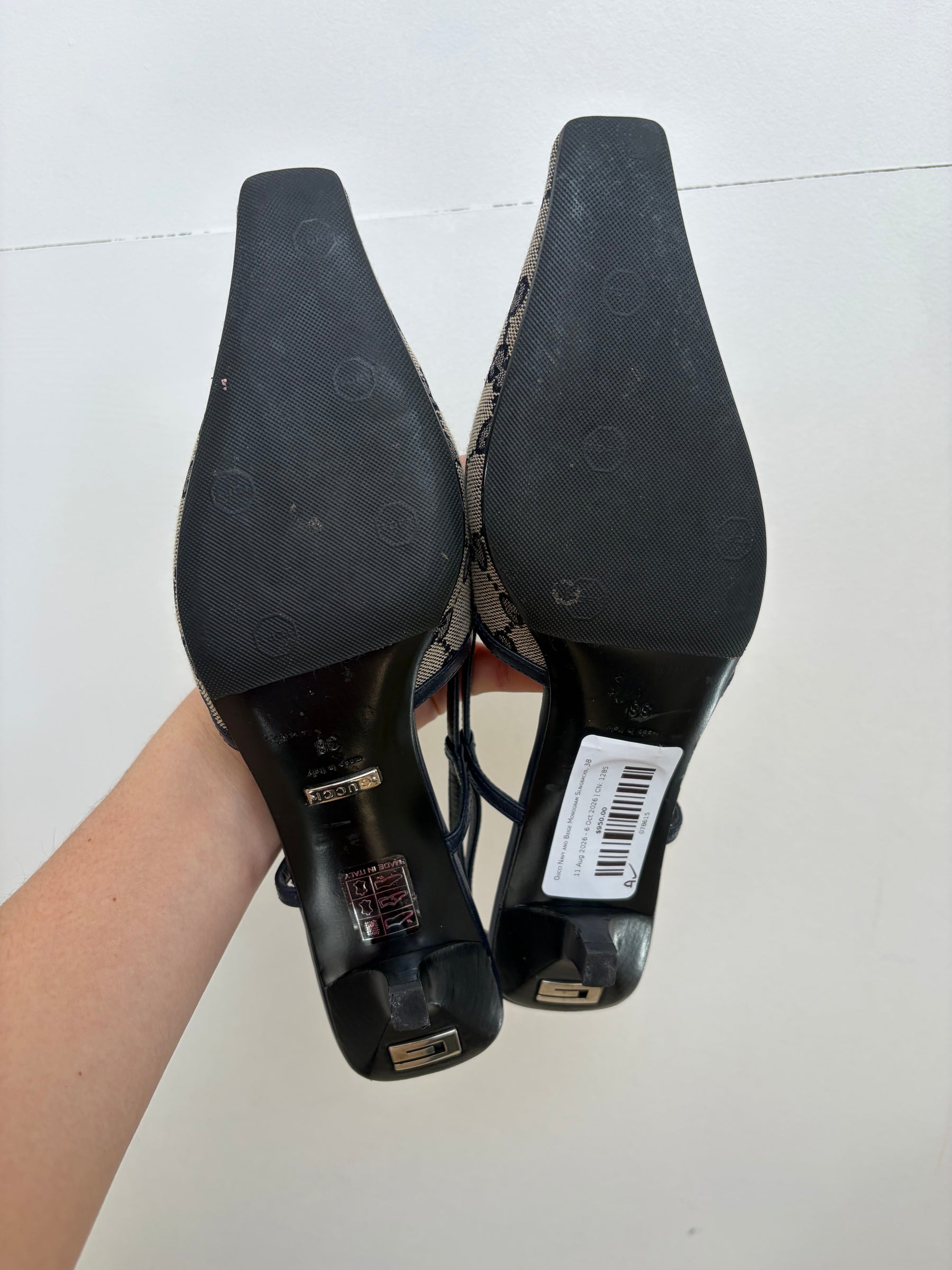 Gucci Navy and Beige Monogram Slingbacks, 38