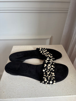 Stuart Weitzman Black Suede Crystal Slides, 38