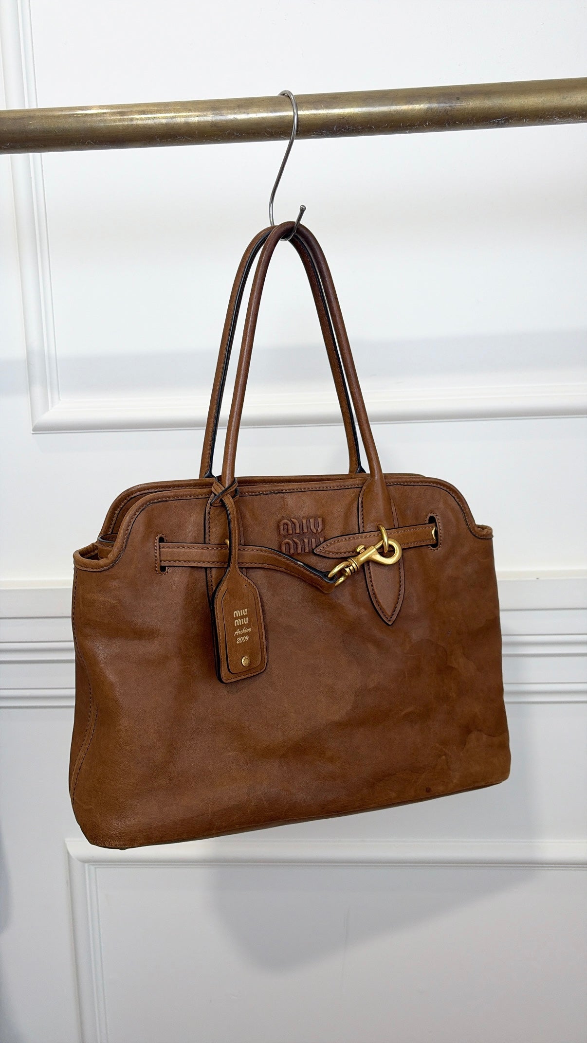 Miu Miu Oak Distressed Nappa Leather Medium Aventure Bag