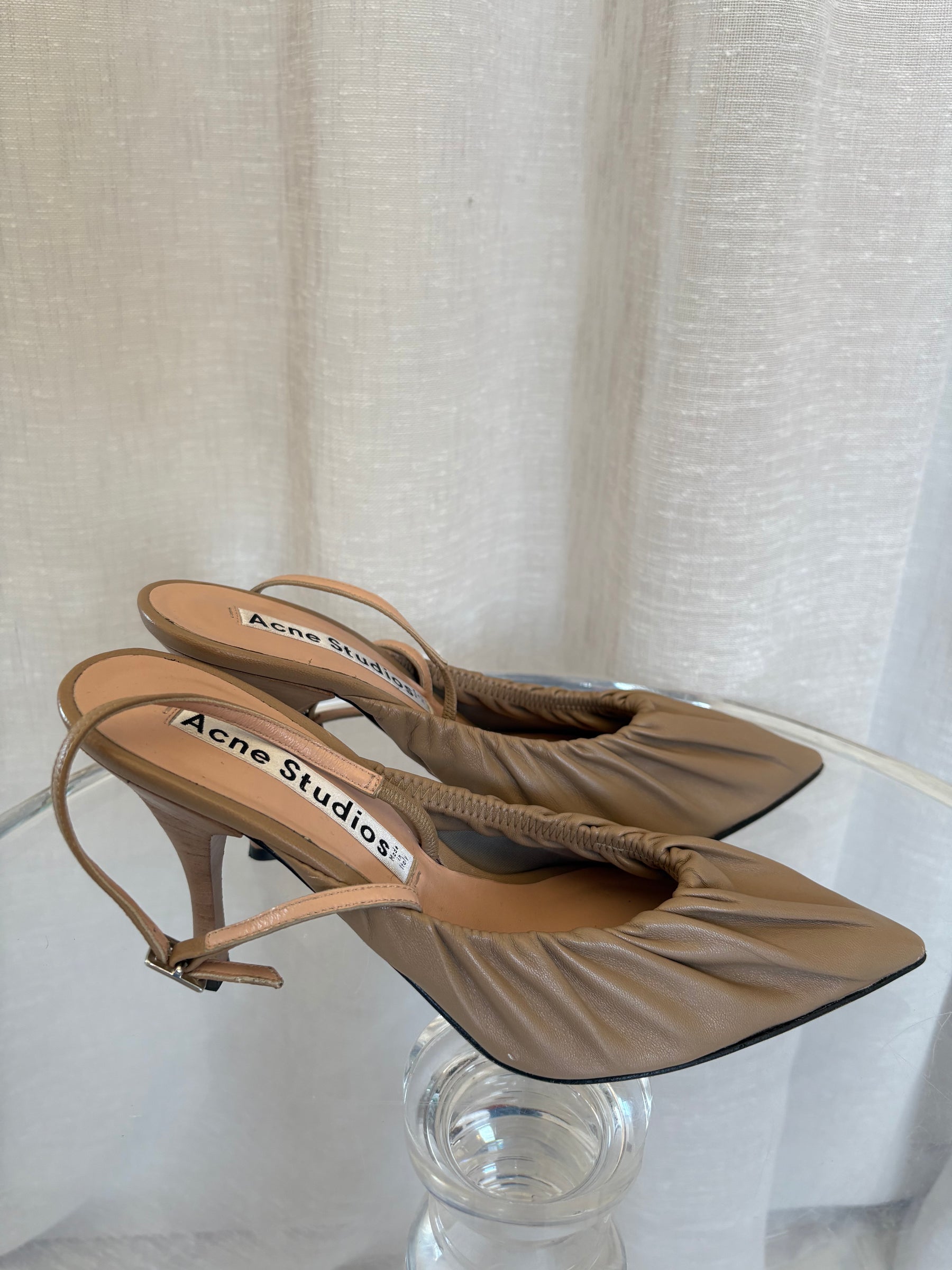Acne Studios Beige Leather Ruched Pointed Slingback, 39