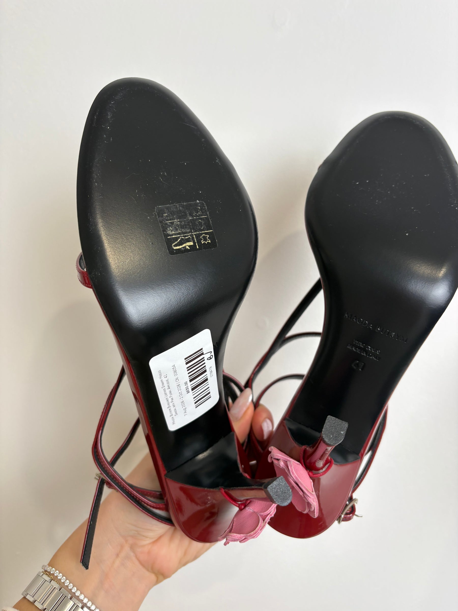 Magda Butrym Burgundy Leather Strappy Heeled Sandal with Pink Floral Applique, 41