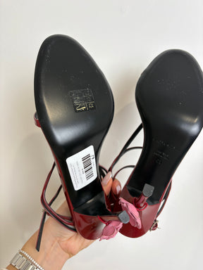 Magda Butrym Burgundy Leather Strappy Heeled Sandal with Pink Floral Applique, 41