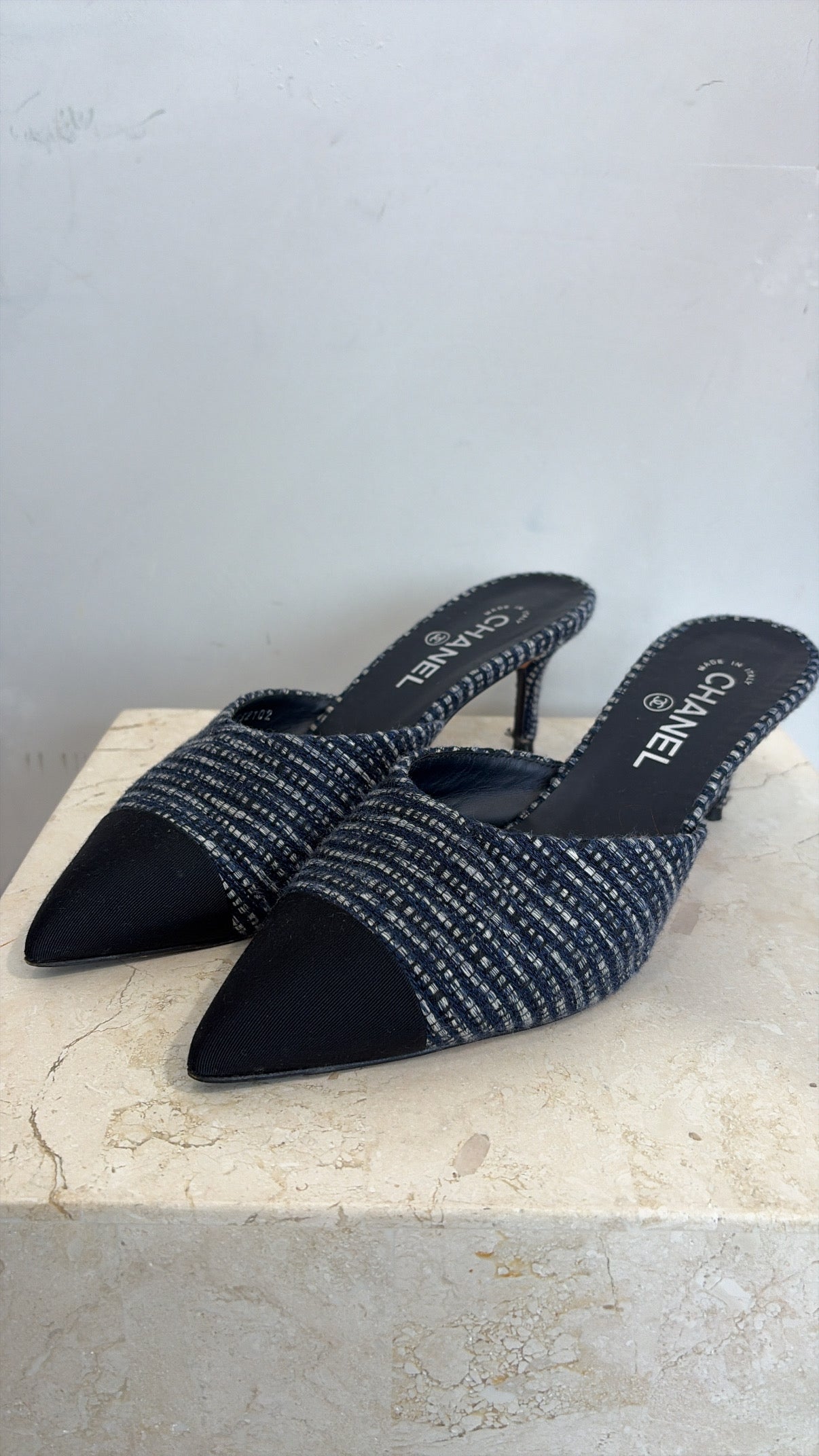 Chanel Navy Bouclé Tweed And Grosgrain Mules, 39C