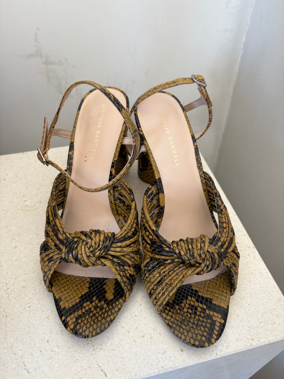LOEFFLER RANDALL Black and Mustard Python Print Strappy Block Heels, 10 B