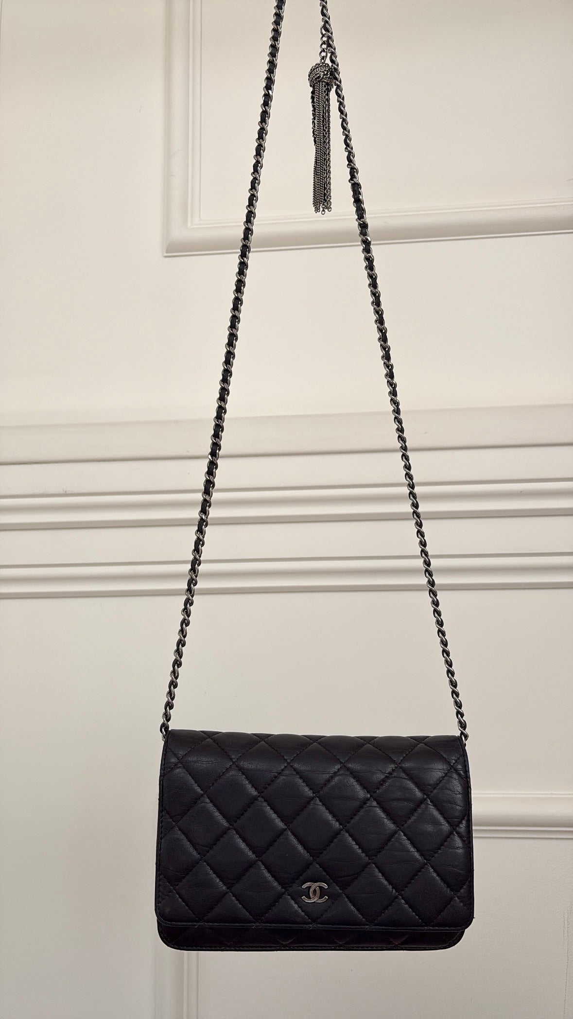 Chanel Quilted Lambskin Tassel Wallet On Chain Black With Silver Hardware