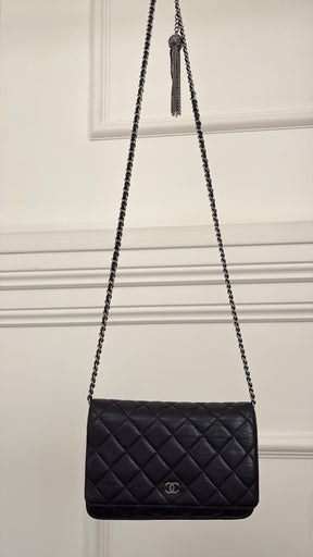 Chanel Quilted Lambskin Tassel Wallet On Chain Black With Silver Hardware