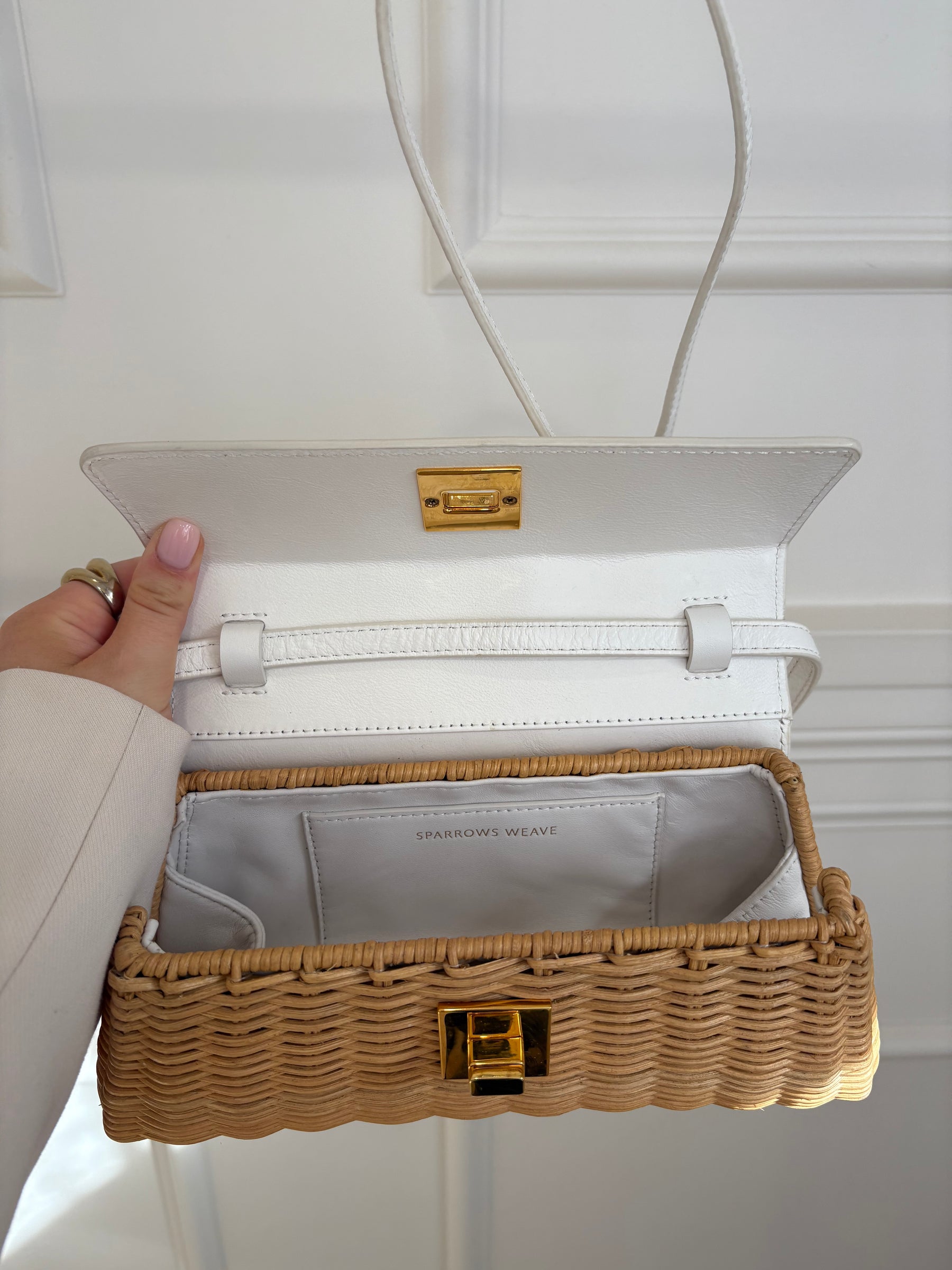 Sparrows Weave The Cross Body Wicker And Leather Clutch In Ivory