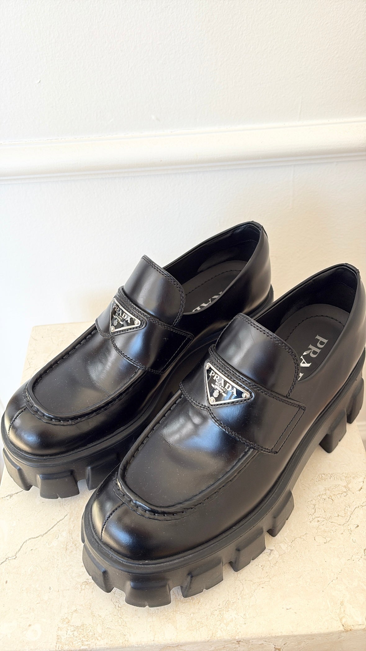 Prada Black Monolith Loafers, 38.5